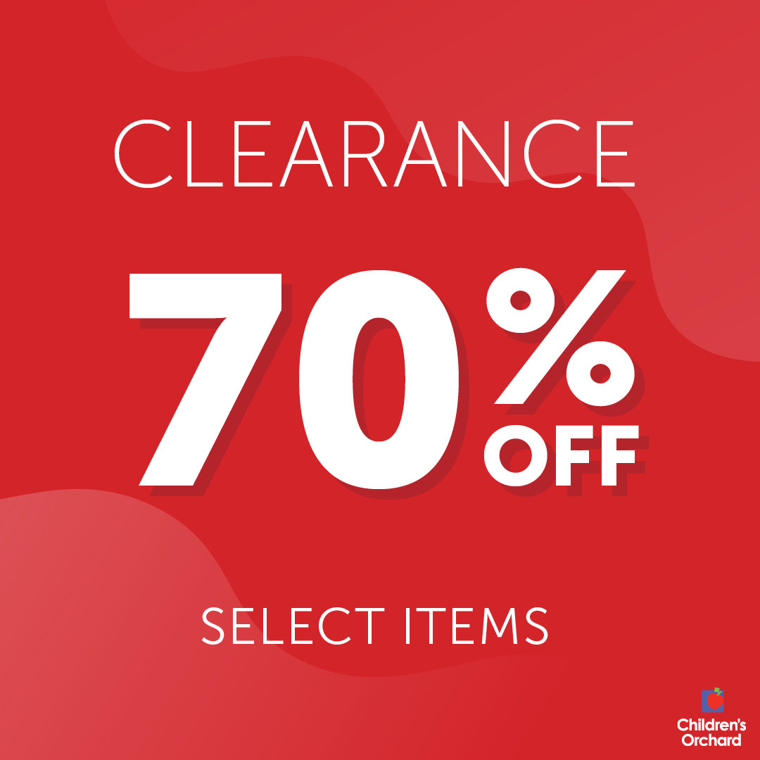 Promotional graphic with a red background and large white text reading 'CLEARANCE 70% OFF SELECT ITEMS' plus the Children's Orchard logo in the bottom right corner.