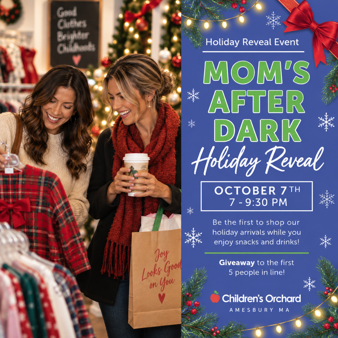 Two Mom's looking at kids holiday apparel. Text promoting our Holiday Reveal Event Oct 7th